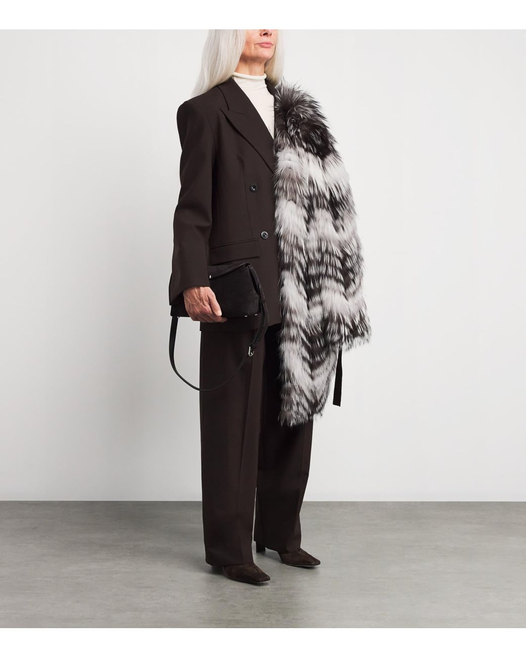 Yves Salomon Gray Fox Fur-Wool Belted Coat
