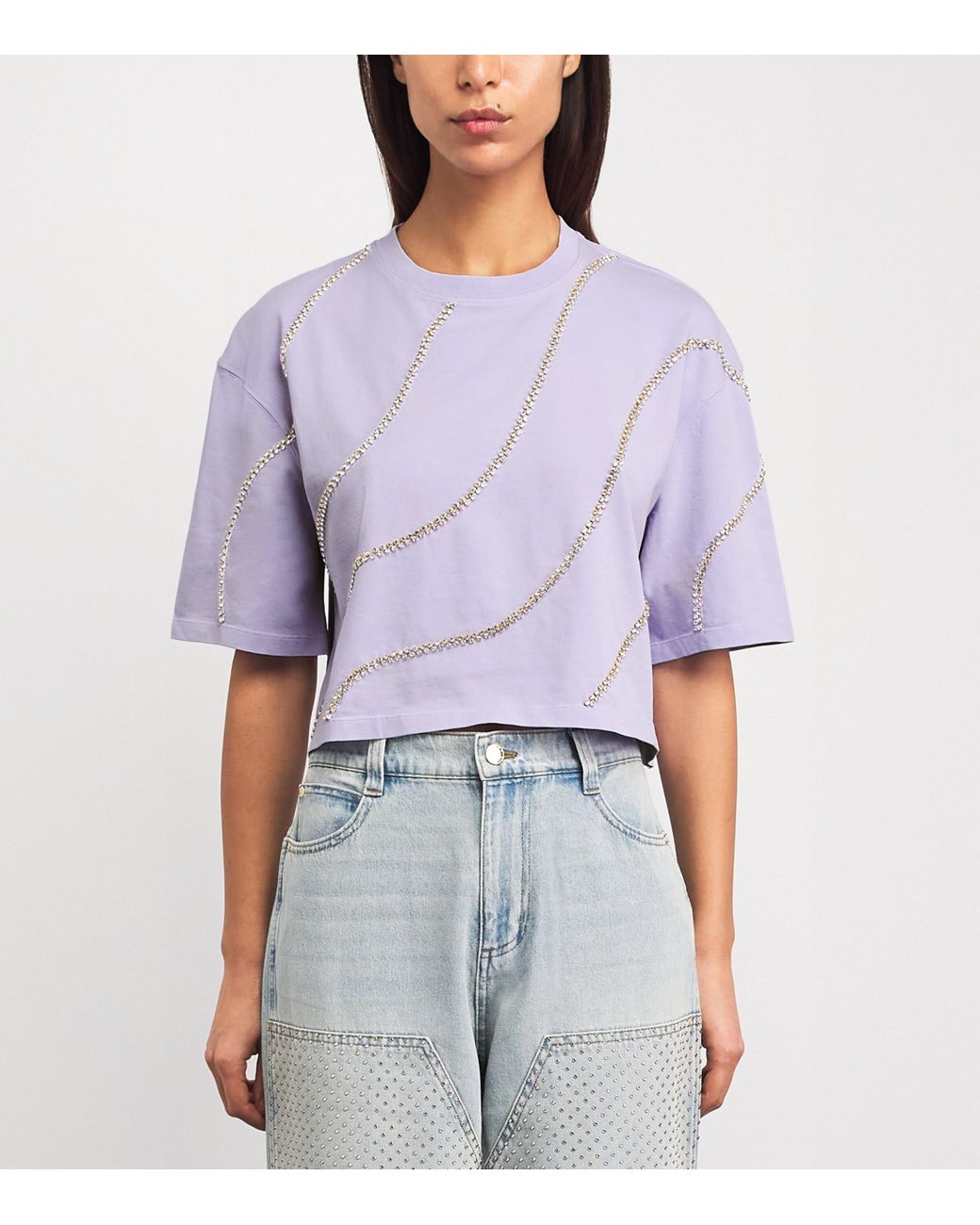 Sandro Purple Cotton Embellished Cropped T-Shirt