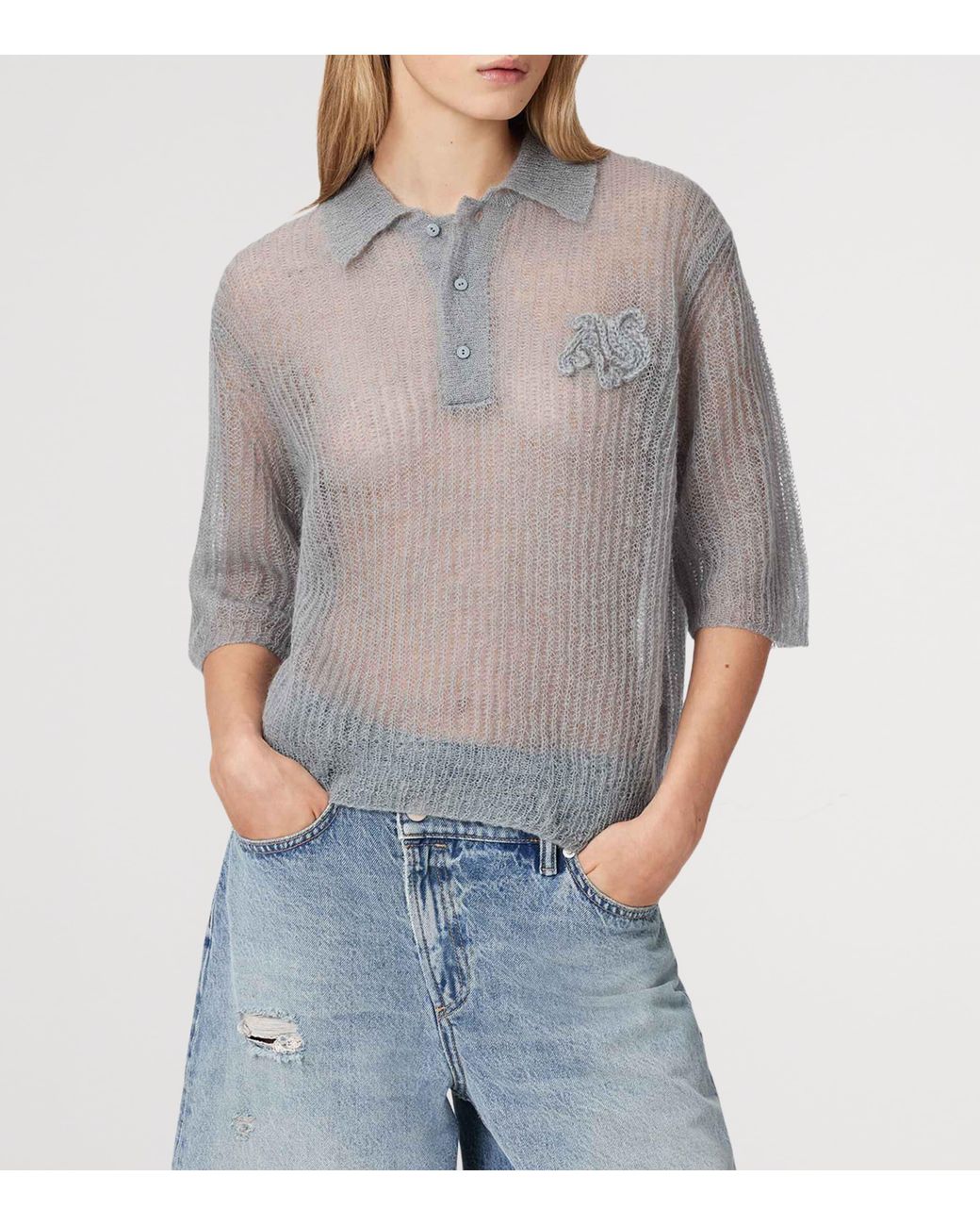 AllSaints Gray Mohair-Blend Anabel Polo Top