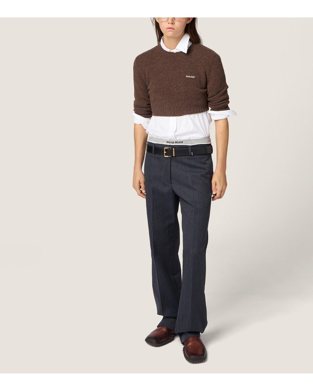 Miu Miu Brown Wool-Cashmere Cropped Sweater