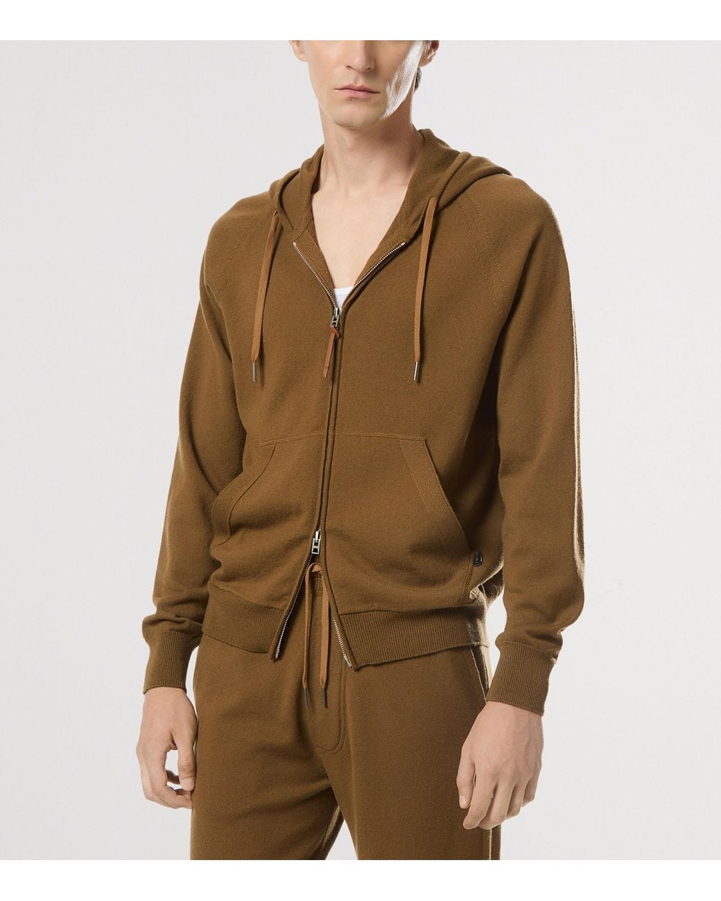 Tom Ford Brown Cashmere-Wool Leather-Trim Hoodie for men