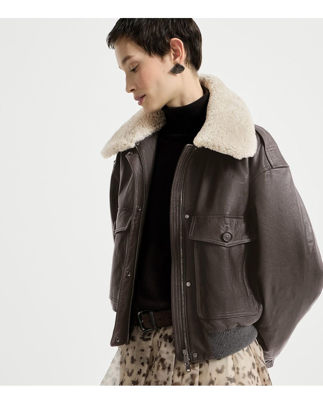 Brunello Cucinelli Brown Nappa Leather Shearling-Trim Aviator Jacket