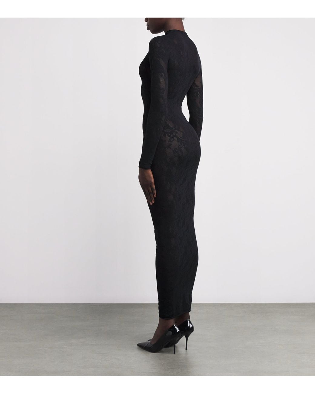 Skims Lace Long-Sleeve Maxi Dress in Black | Lyst