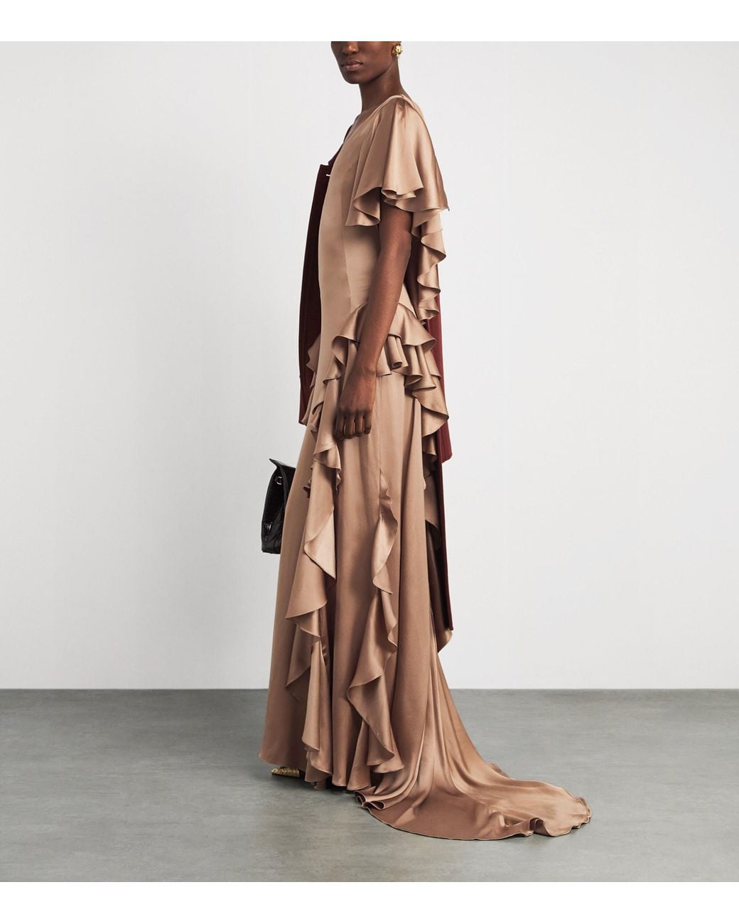 Gabriela Hearst Brown Silk Satin Ruffled Spiral Maxi Dress