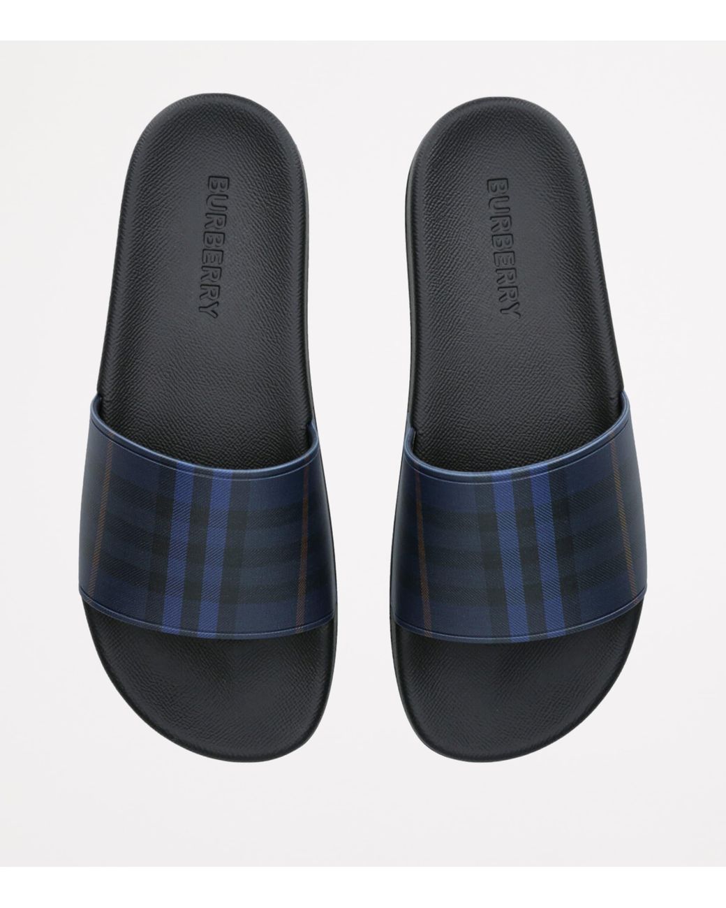 【関税込み】Burberry ネイビー チェック プールスライド Burberry Checked Slides | Blue | FARFETCH