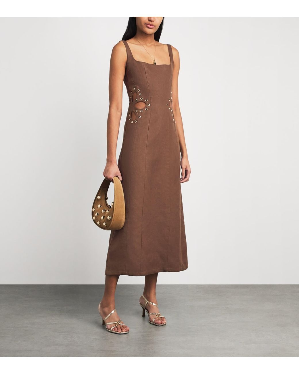 Maje Brown Linen Cut-Out Midi Dress