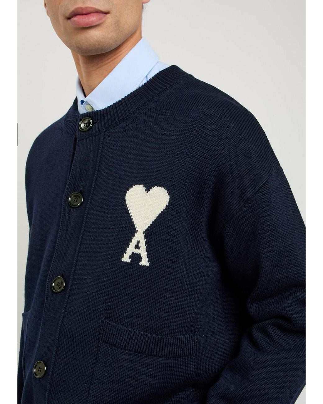 AMI Blue Logo-Intarsia Wool-Blend Cardigan for men