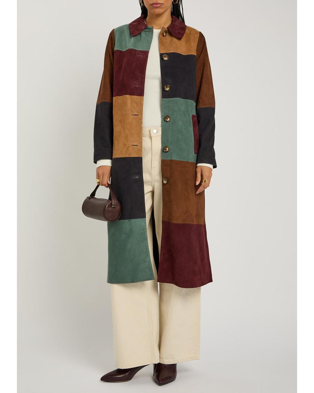 Rixo Green Milly Patchwork Suede Coat