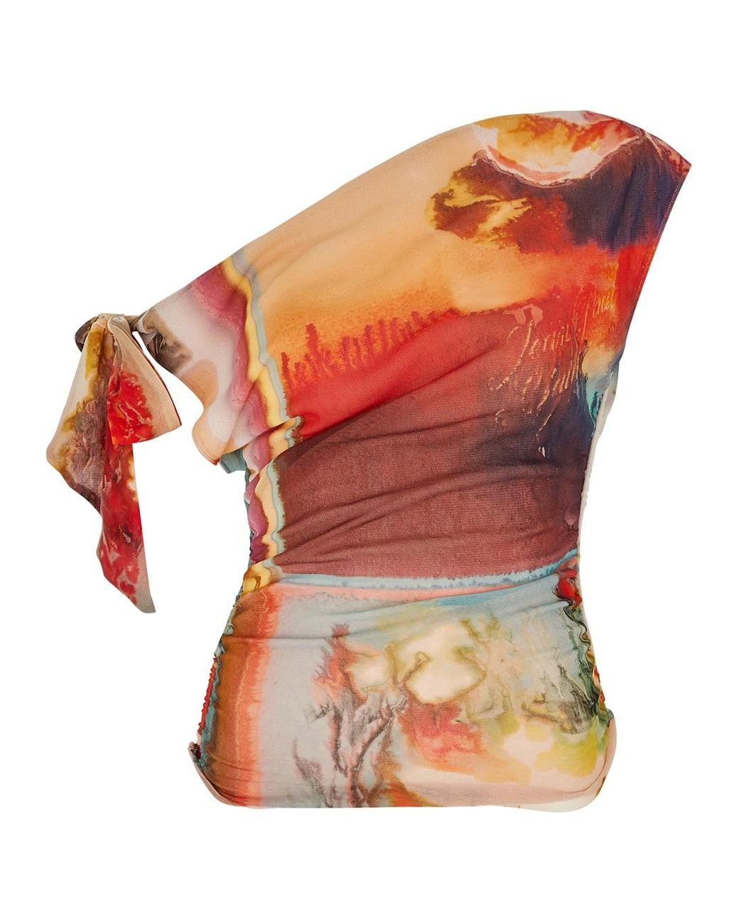Jean Paul Gaultier Scarf Printed One-shoulder Tulle Top in Jean Paul Gaultier Scarf Printed One-shoulder Tulle Top in