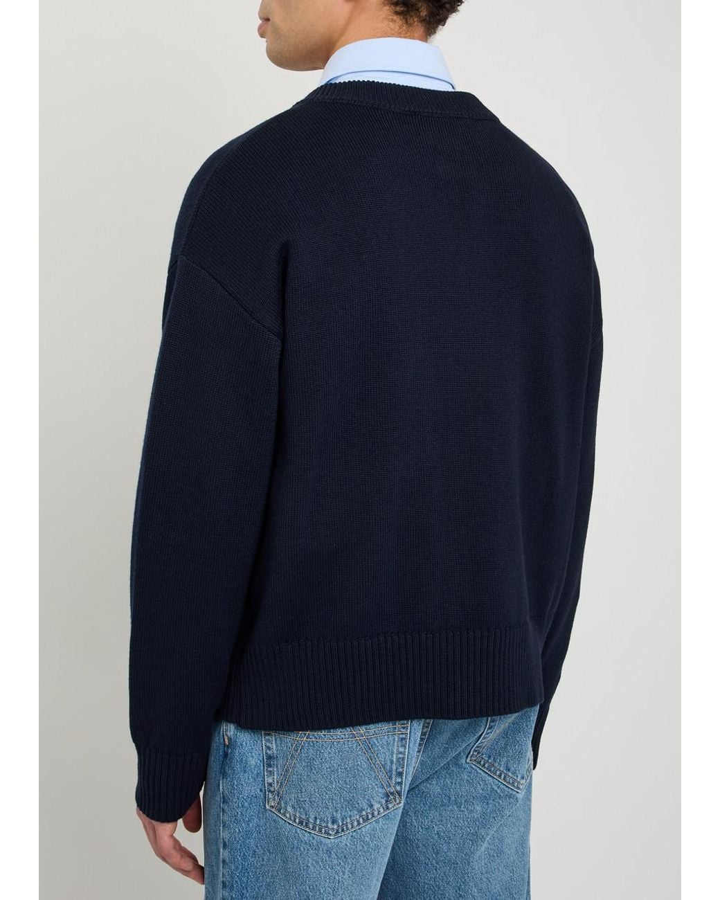 AMI Blue Logo-Intarsia Wool-Blend Cardigan for men