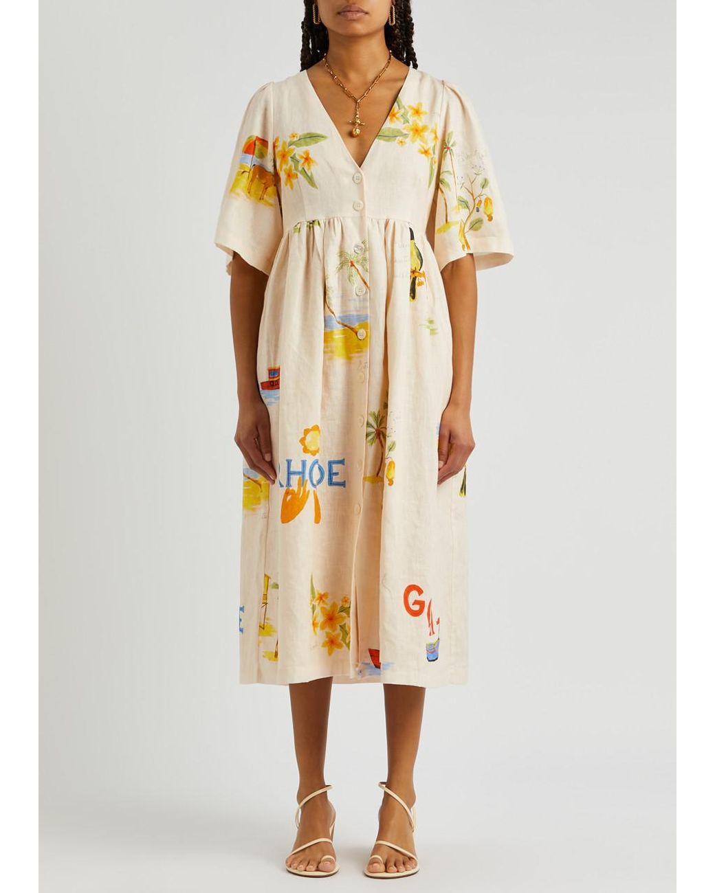 RHODE Karline Printed Linen Midi Dress in Metallic | Lyst