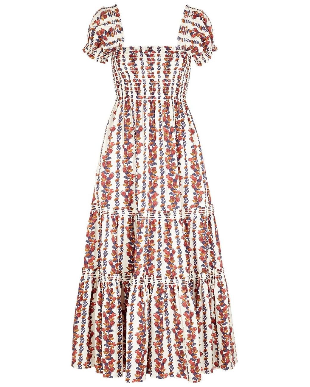 Tory Burch Printed Smocked Satin-twill Midi Dress | Lyst