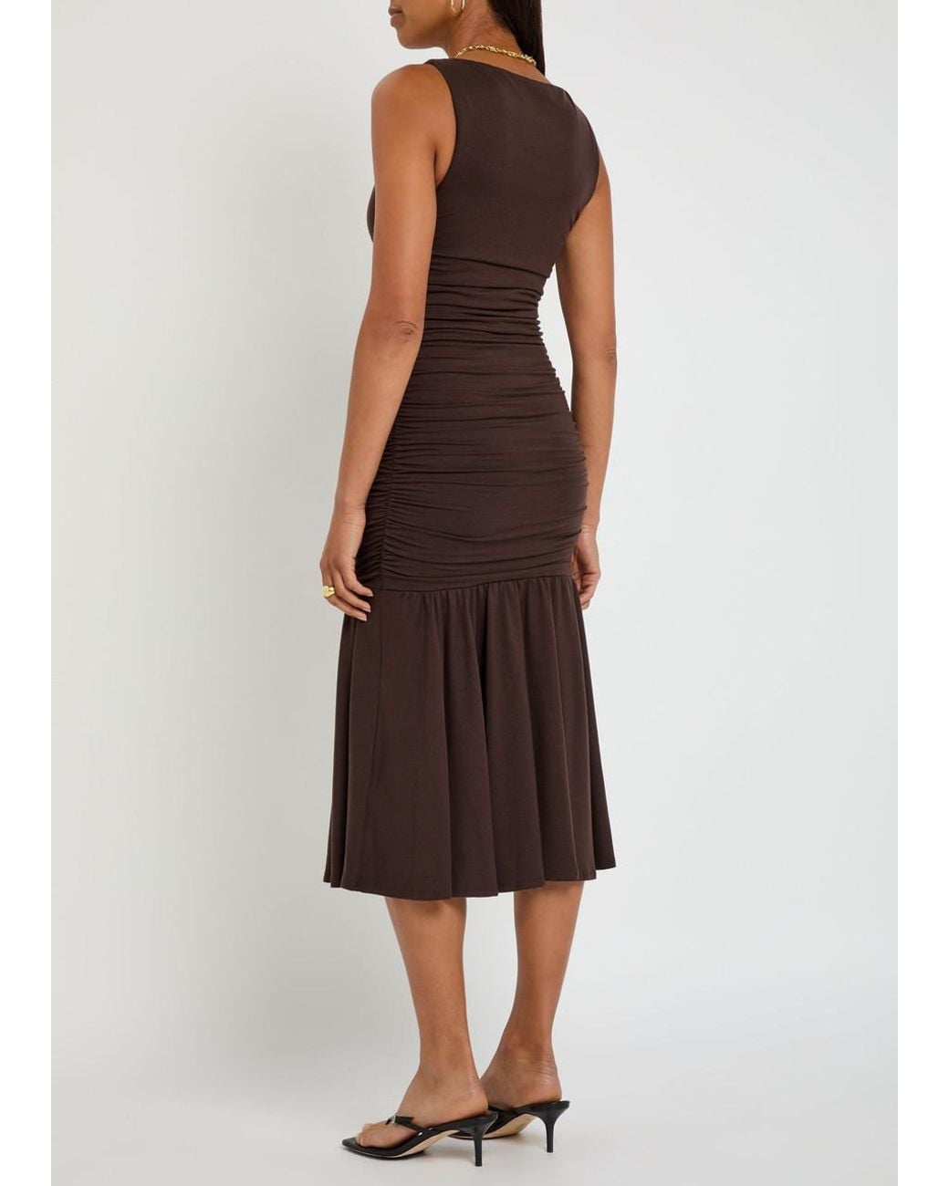 Reformation Brown Kayla Ruched Jersey Midi Dress