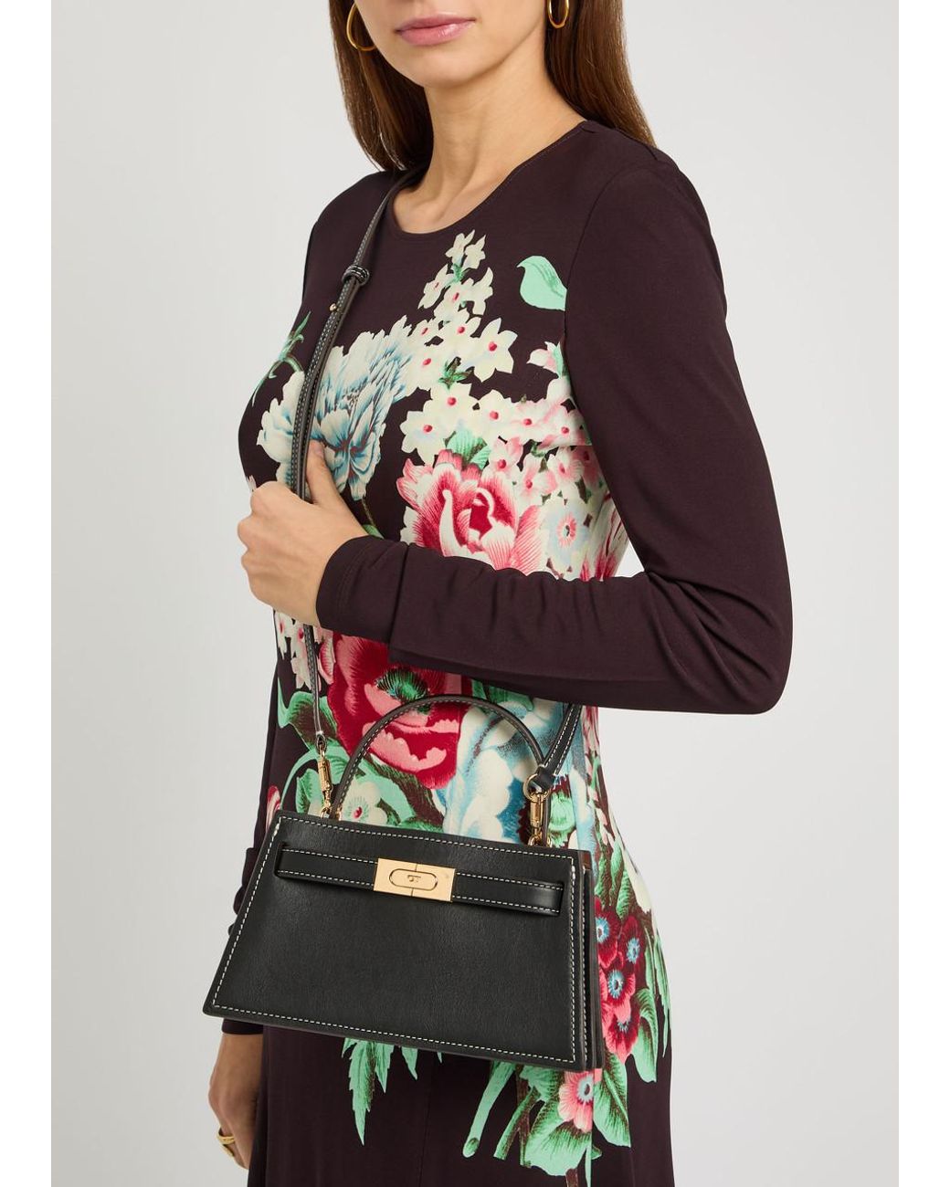 Tory Burch Black Lee Radziwill Mini Pebbled Leather Top Handle Bag