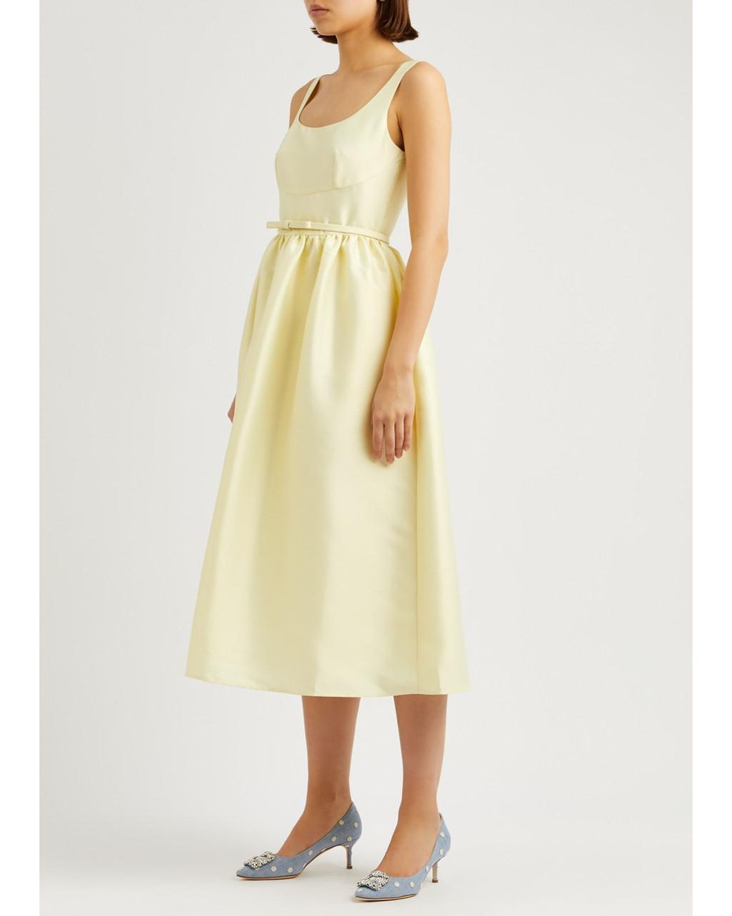 Self-Portrait Belted Taffeta Midi Dress in Yellow | Lyst
