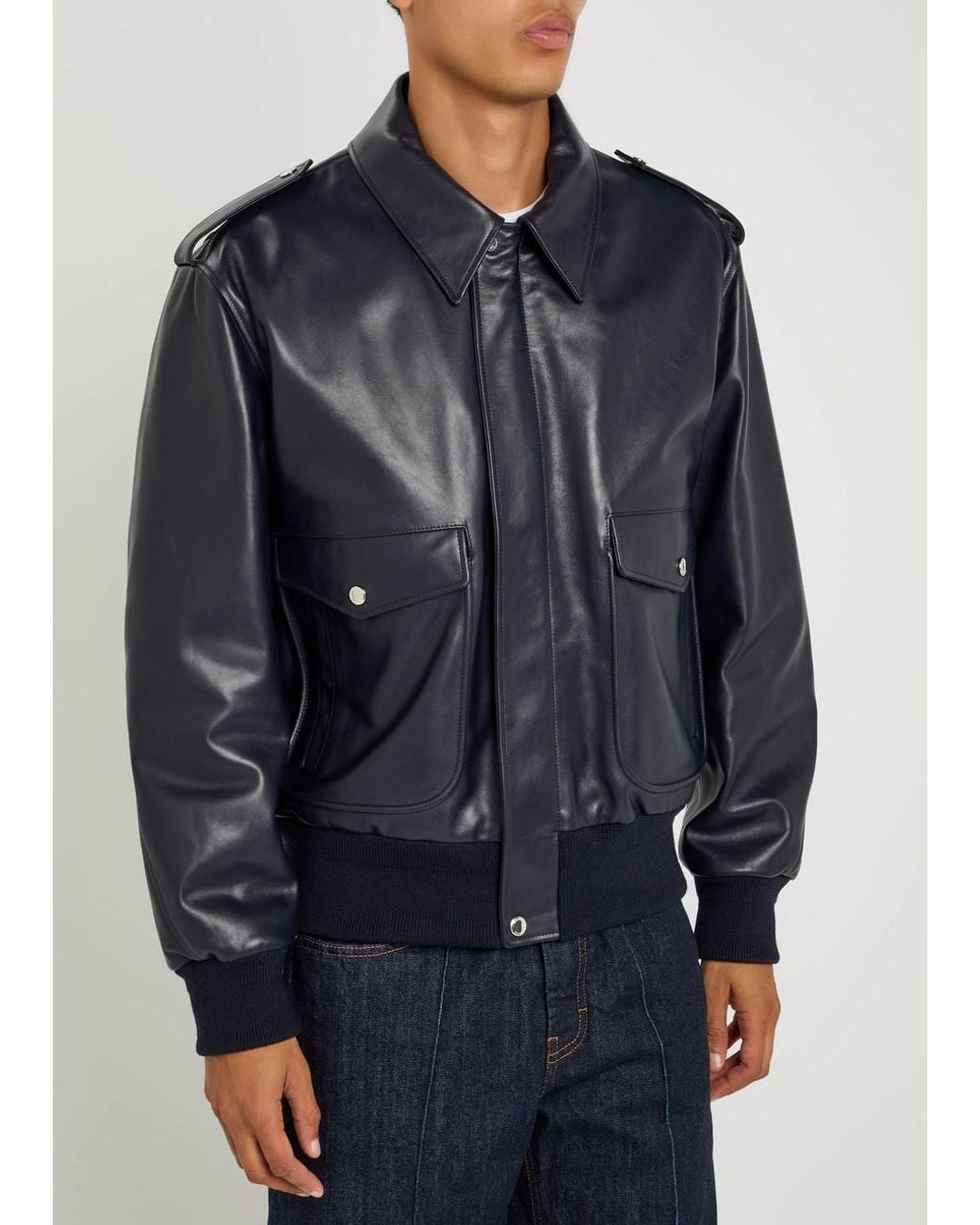 Givenchy Blue Padded Leather Bomber Jacket for men