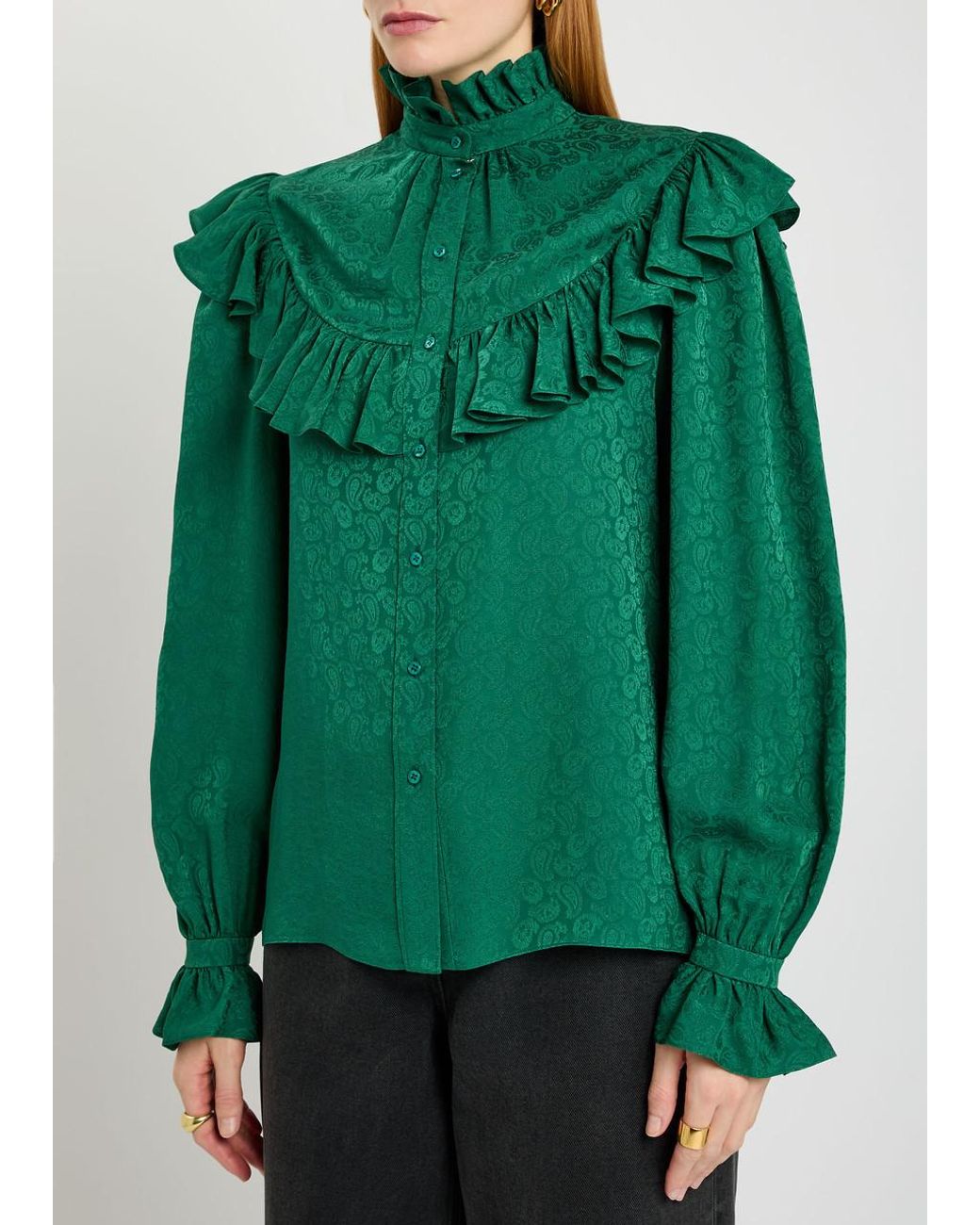 Saint Laurent Green Paisley-Jacquard Silk Blouse