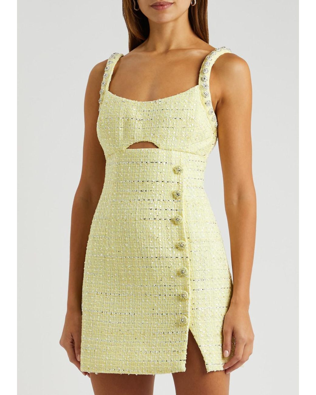 Self-Portrait Pleated Chiffon And Boucl-tweed Midi Dress in Yellow | Lyst