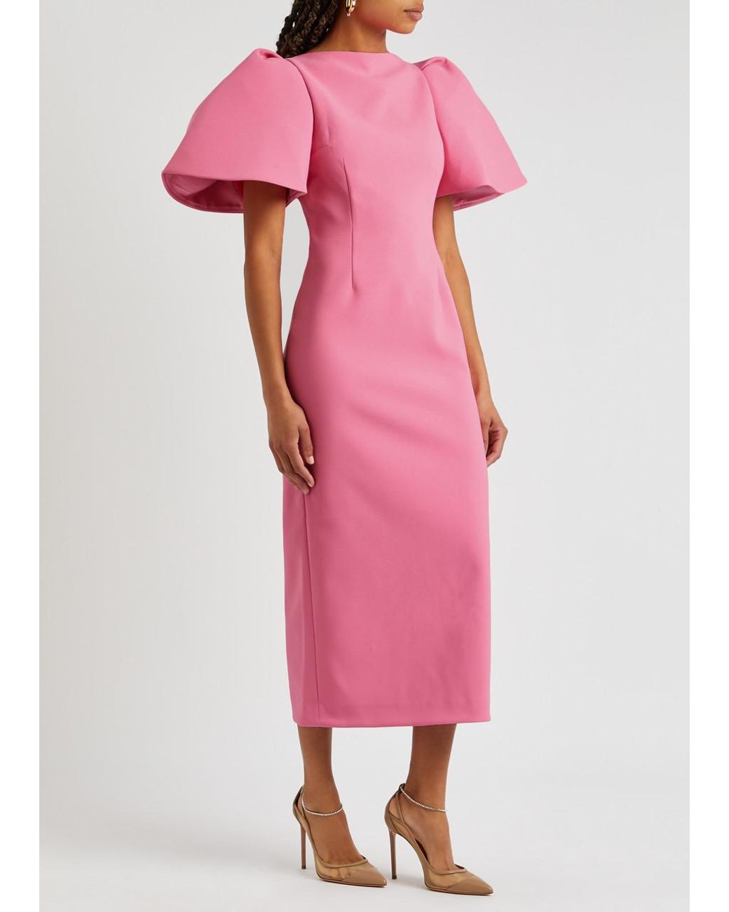 Solace London Loral Puff-sleeve Midi Dress in Pink | Lyst
