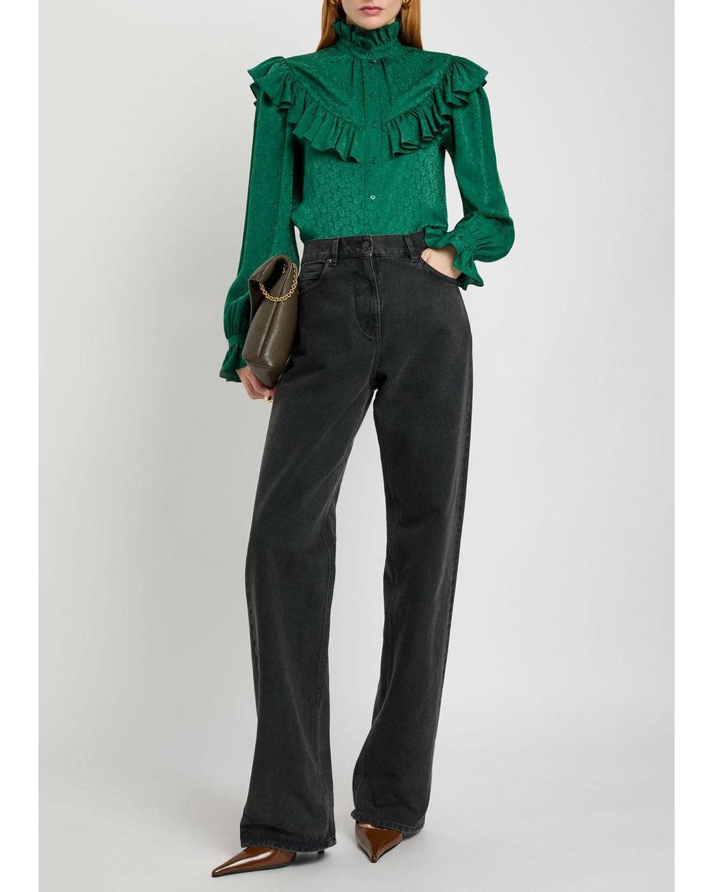 Saint Laurent Green Paisley-Jacquard Silk Blouse