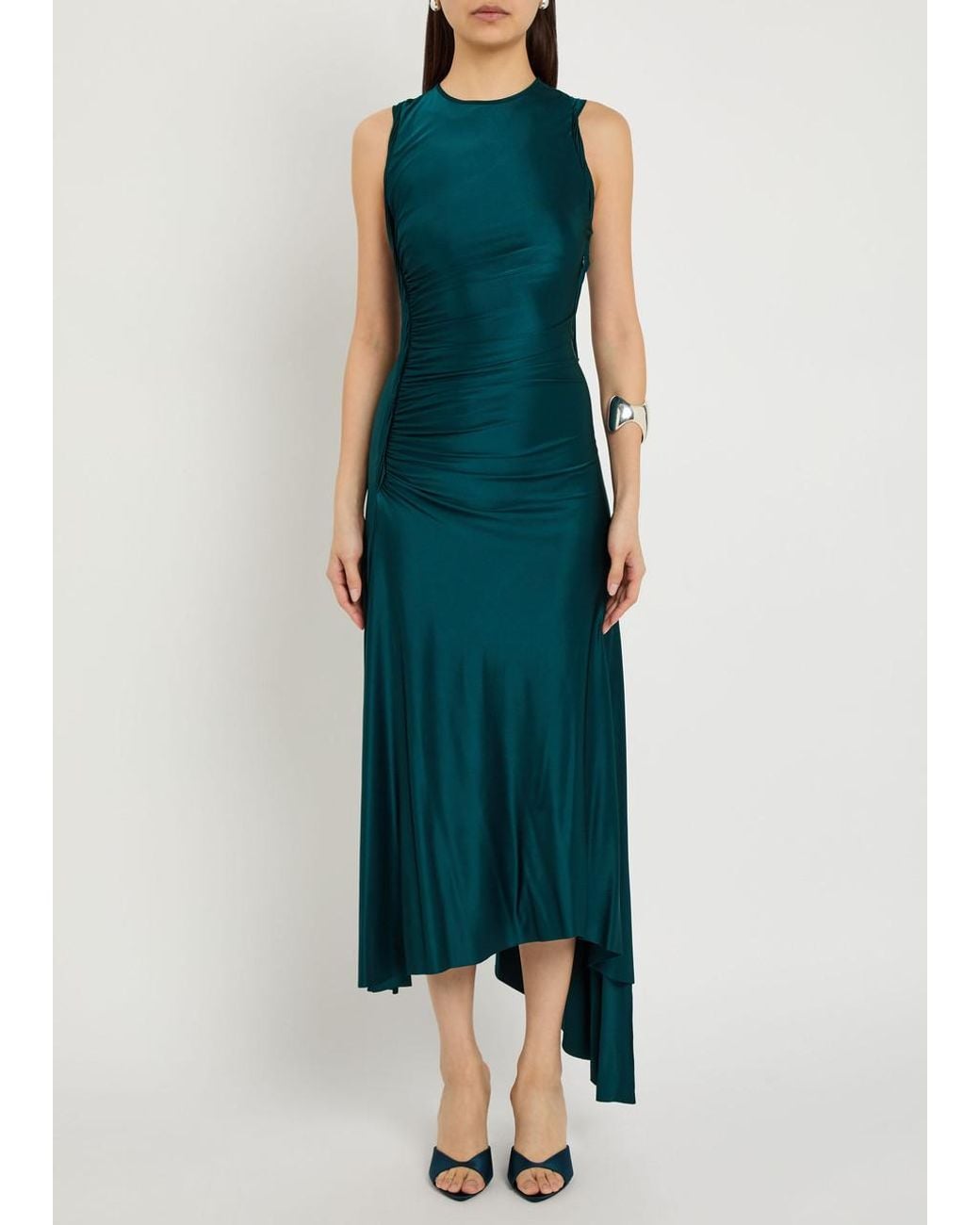 Victoria Beckham Ruched Asymmetric Stretch-Jersey Midi Dress in Green | Lyst
