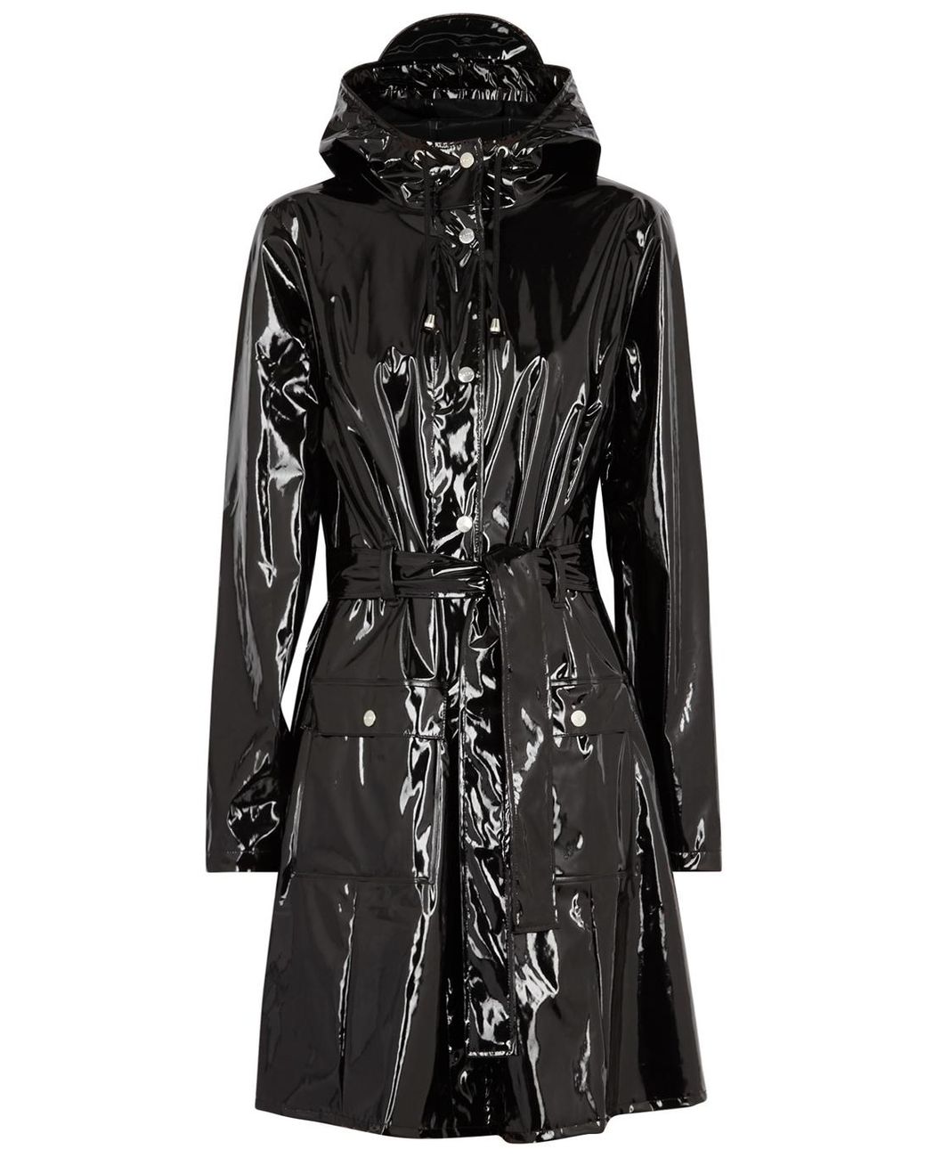 Rains Glossy Curve Patent Rubberised Raincoat in Black | Lyst UK