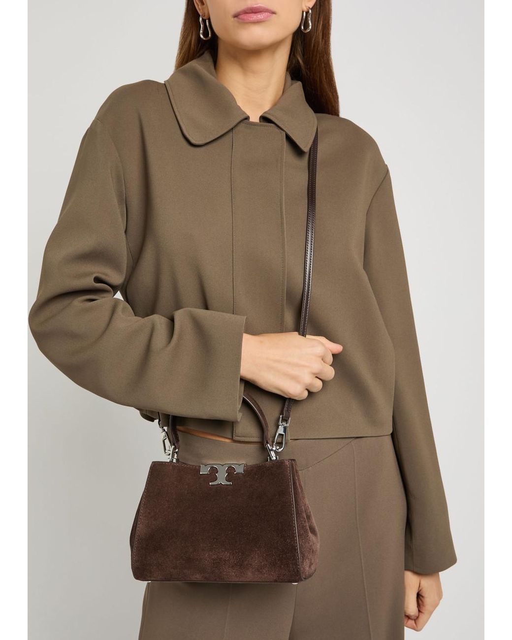 Tory Burch Brown Eleanor Mini T-Logo Suede Top Handle Bag