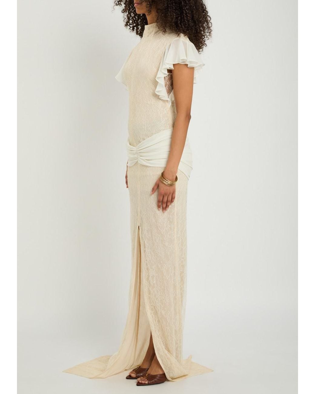 De La Vali Natural Noor Ruffled Lace Maxi Dress