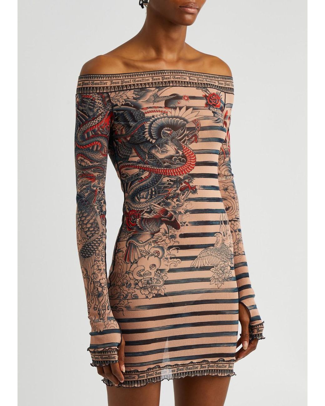 jean paul gaultier mariniere tattoo mini dress Jean Paul Gaultier Sailor Tattoo Printed Tulle Mini Dress in Natural