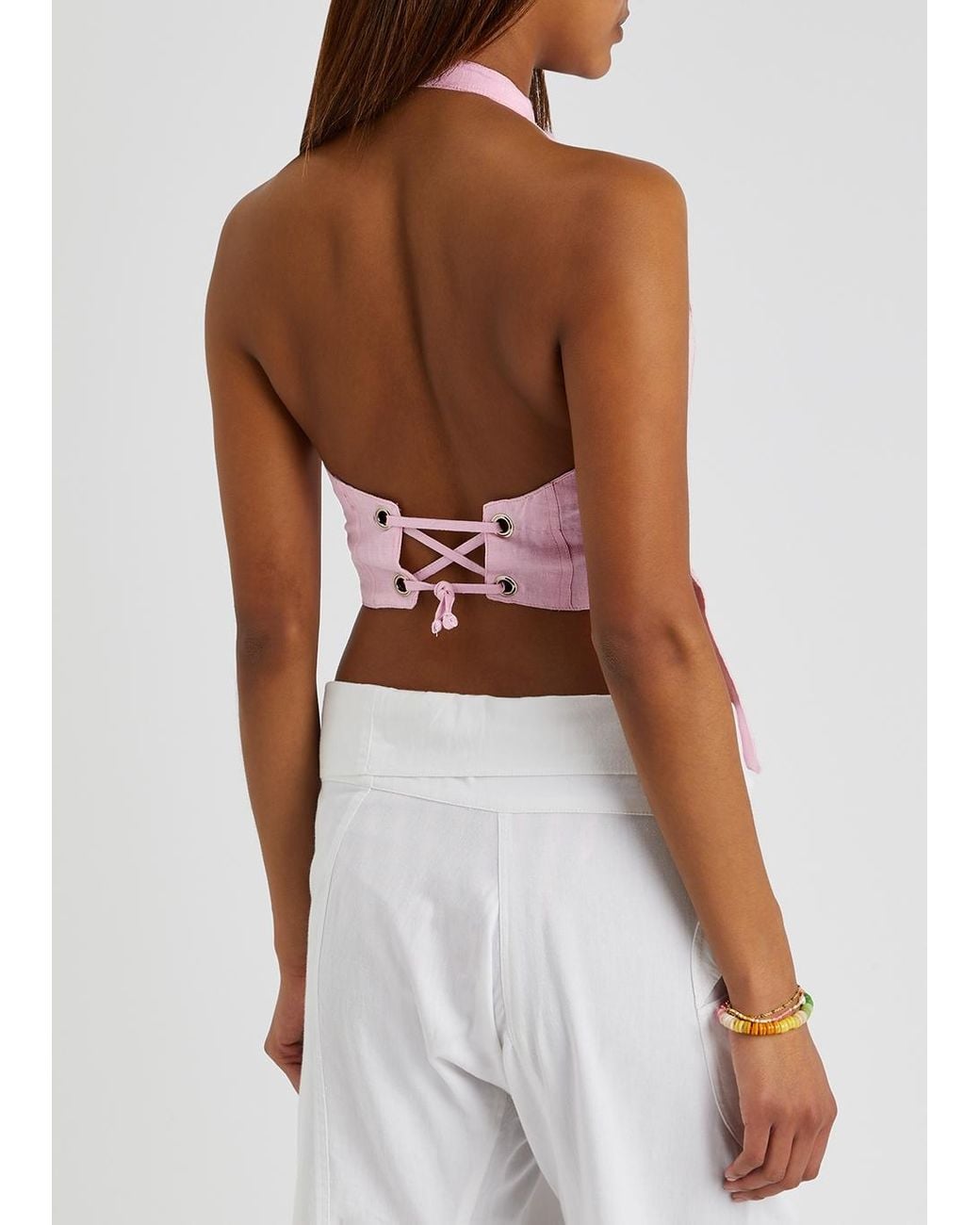 GIMAGUAS Ring Halterneck Linen-blend Top in Pink | Lyst