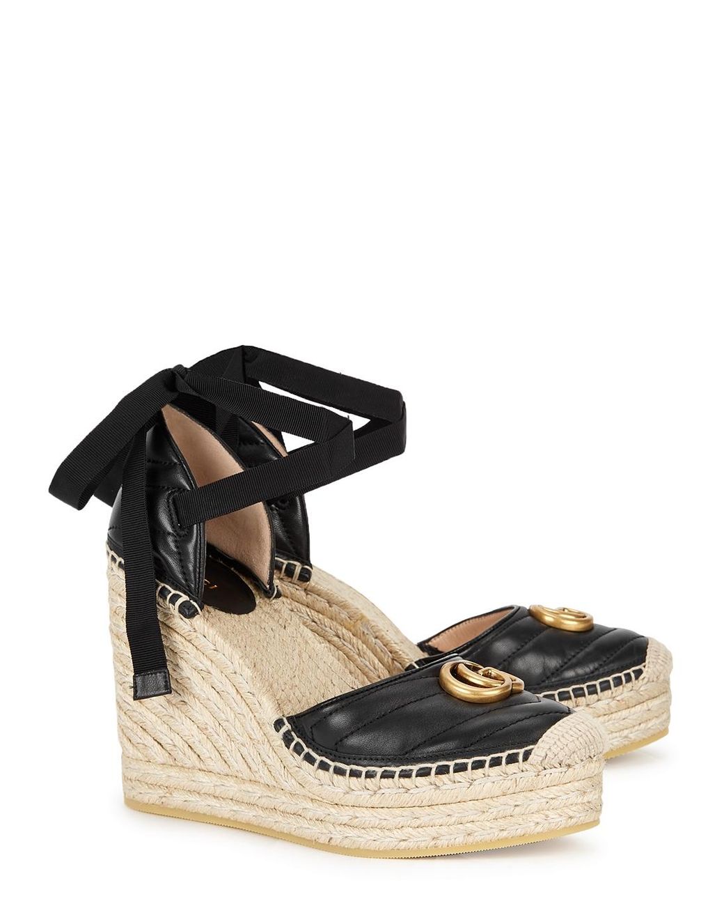 Gucci GG Marmont Black Leather Espadrille Wedges - Lyst