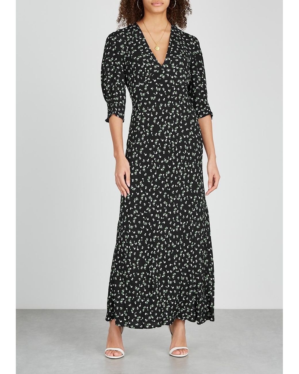 RIXO London Zadie Floral Crêpe Midi Dress in Black | Lyst
