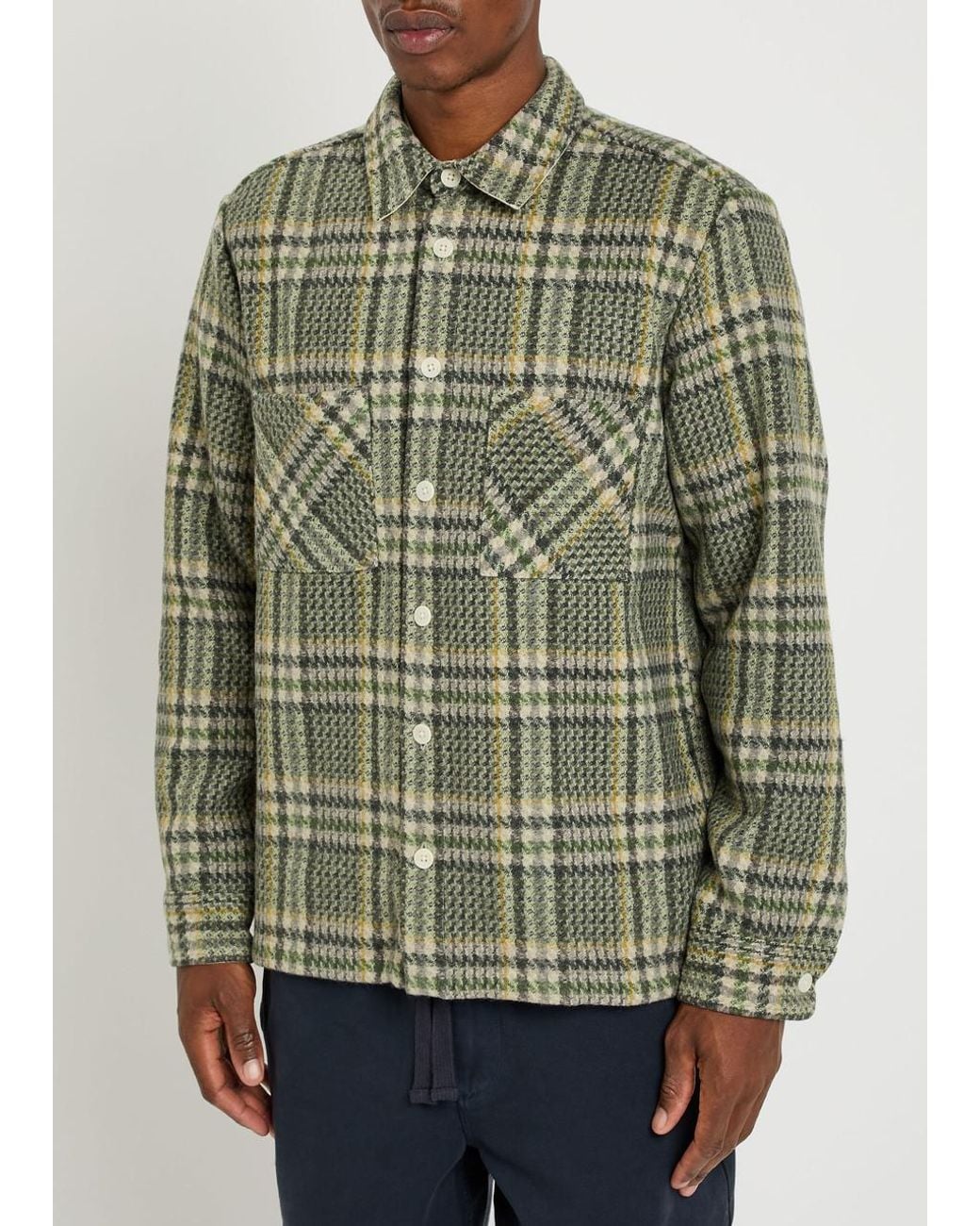 Wax London Green Whiting Checked Wool-Blend Overshirt for men