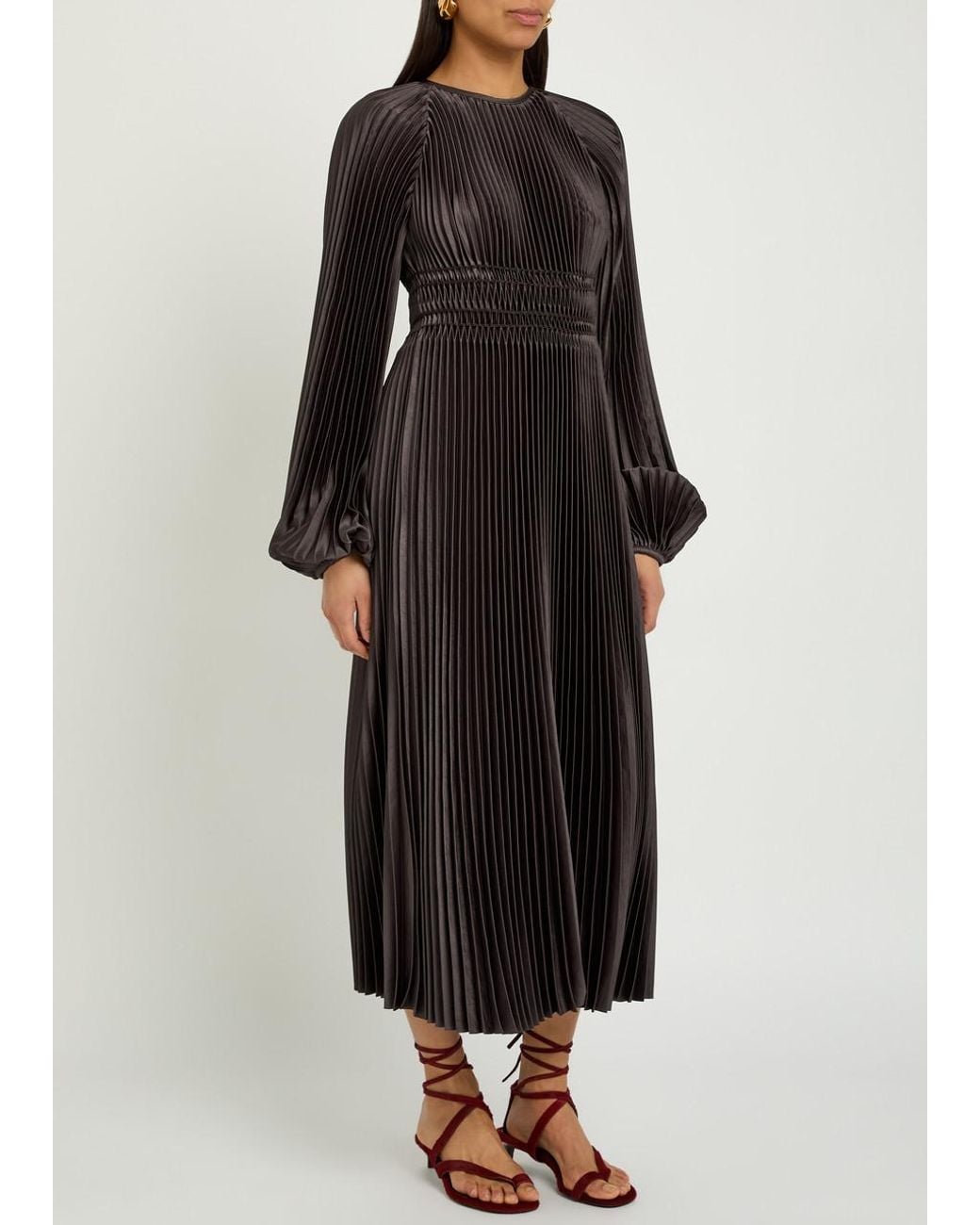 Joseph Black Ortiz Pleated Satin Midi Dress