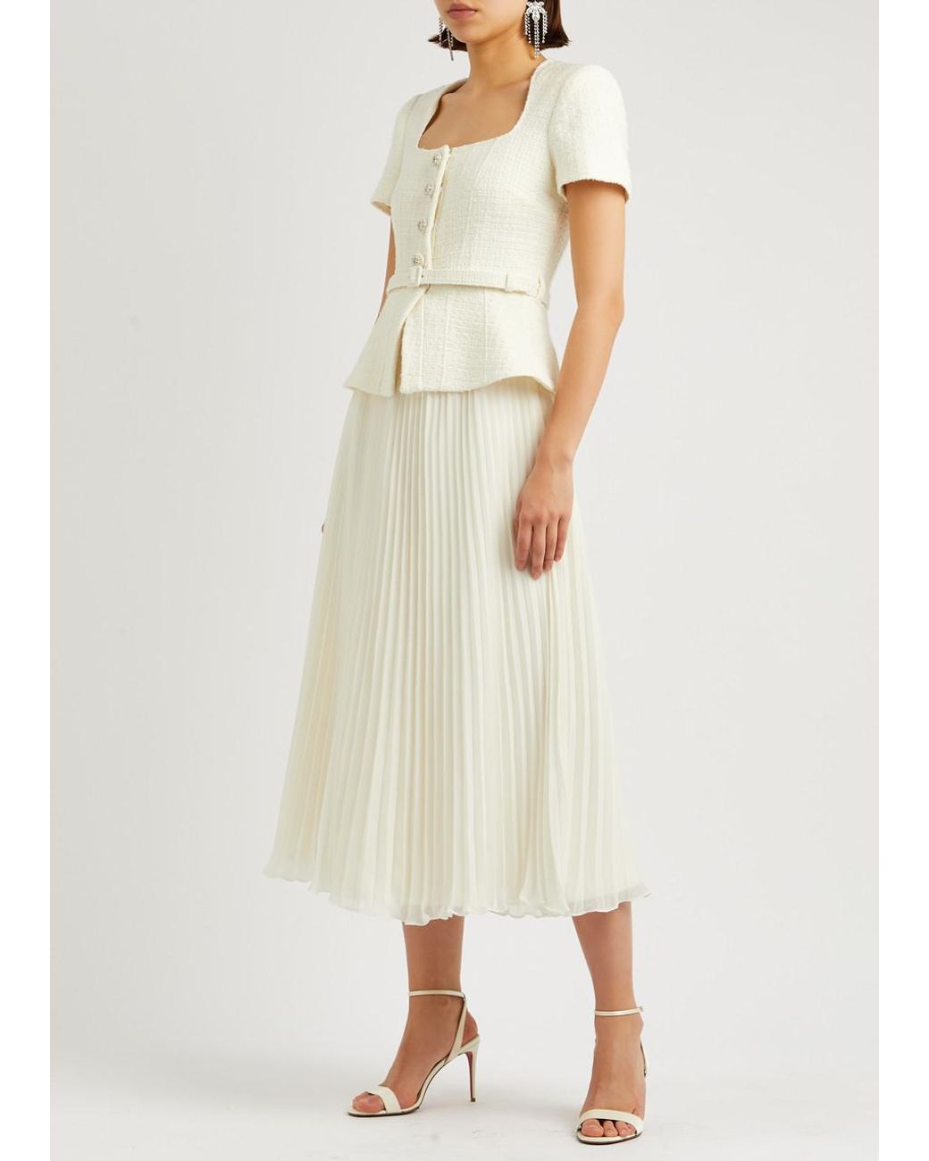 knee length dresses for ladies Self-Portrait - Cream Tailored Boucl and Chiffon Midi Dress