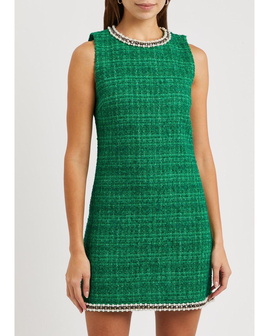 Alice + Olivia Alice + Olivia Clyde Embellished Tweed Mini Dress in Green |  Lyst
