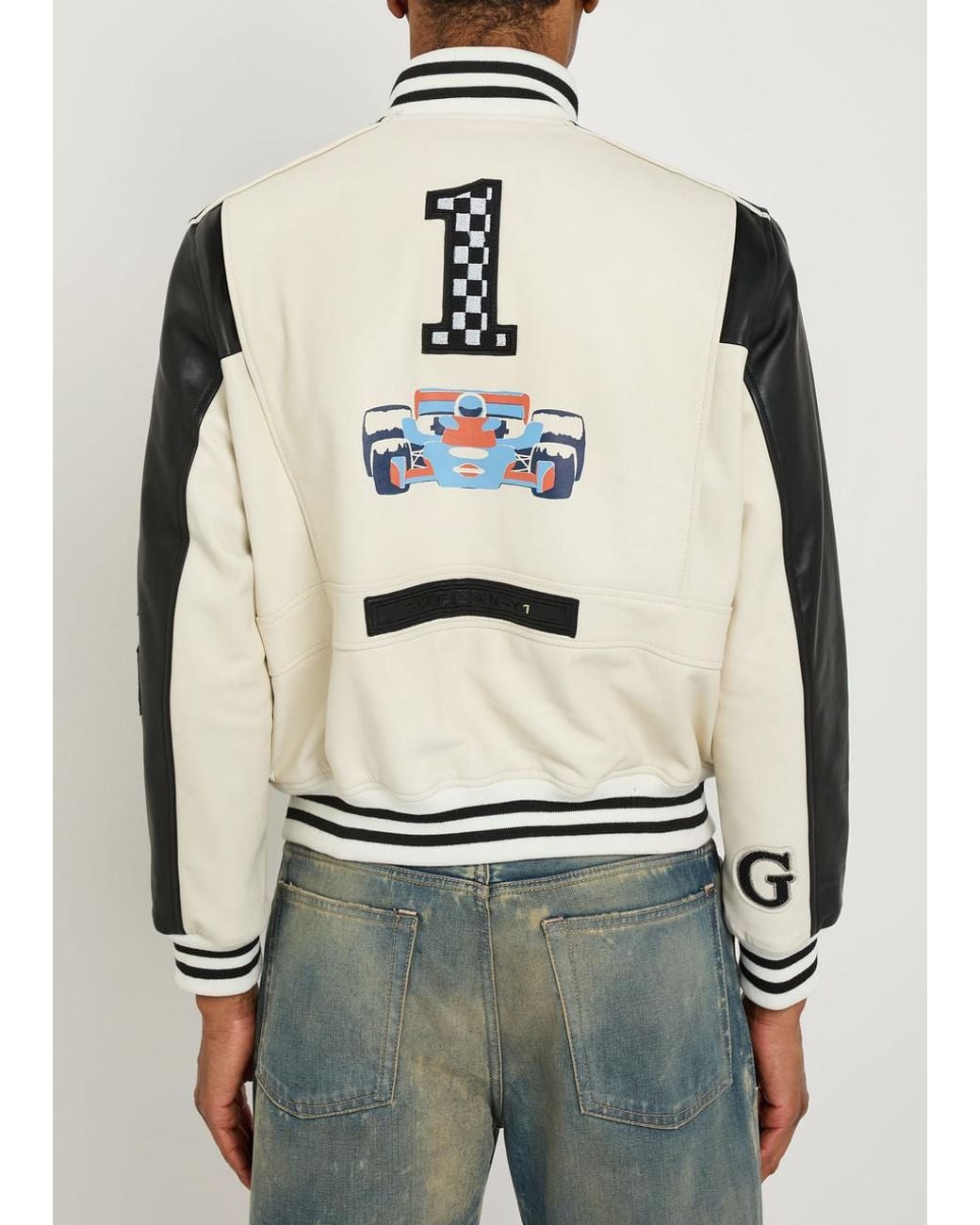 AN-Y1 Black Appliquéd Padded Leather Bomber Jacket for men