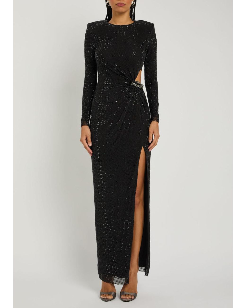 Self-Portrait Black Crystal-Embellished Mesh Maxi Dress