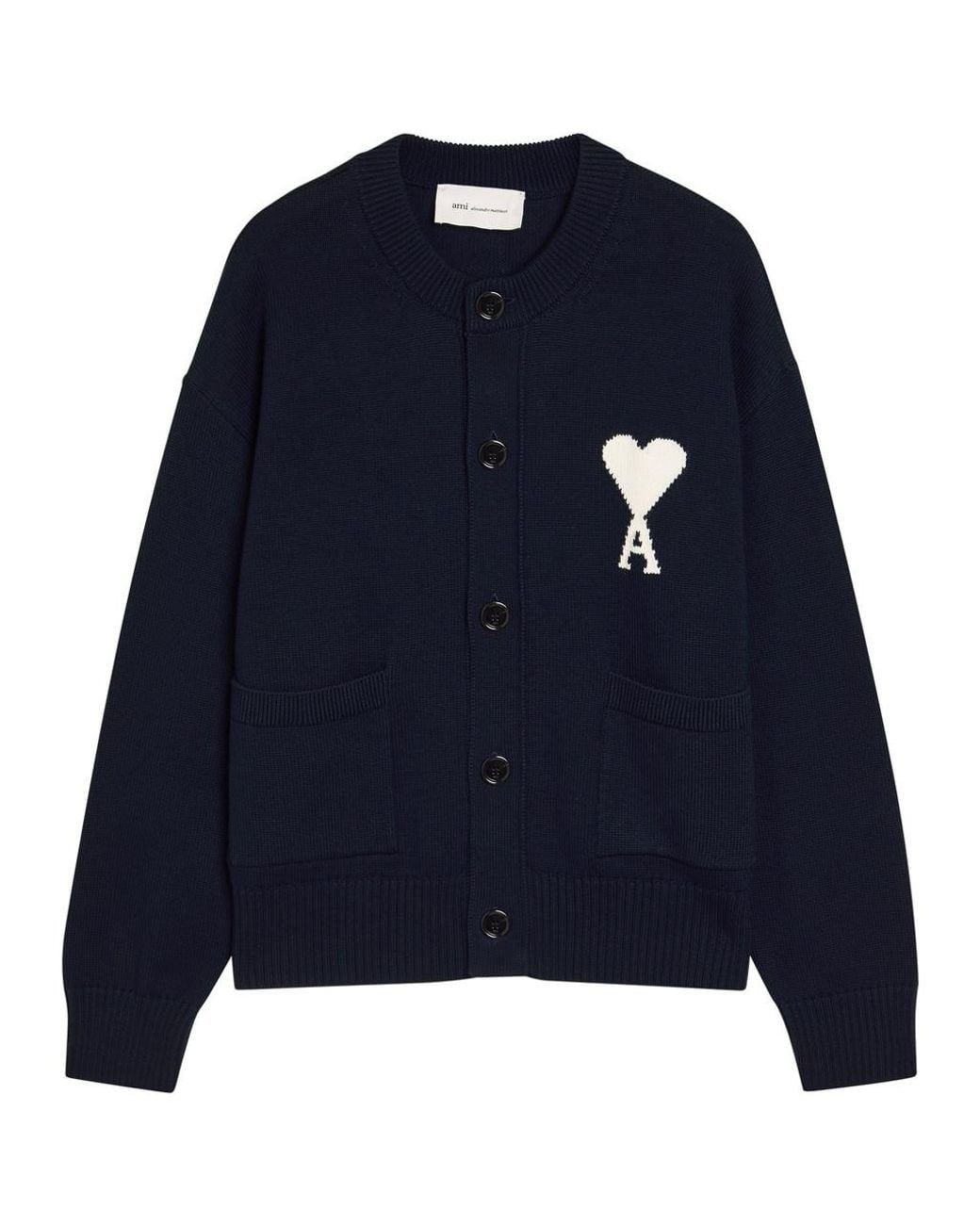 AMI Blue Logo-Intarsia Wool-Blend Cardigan for men