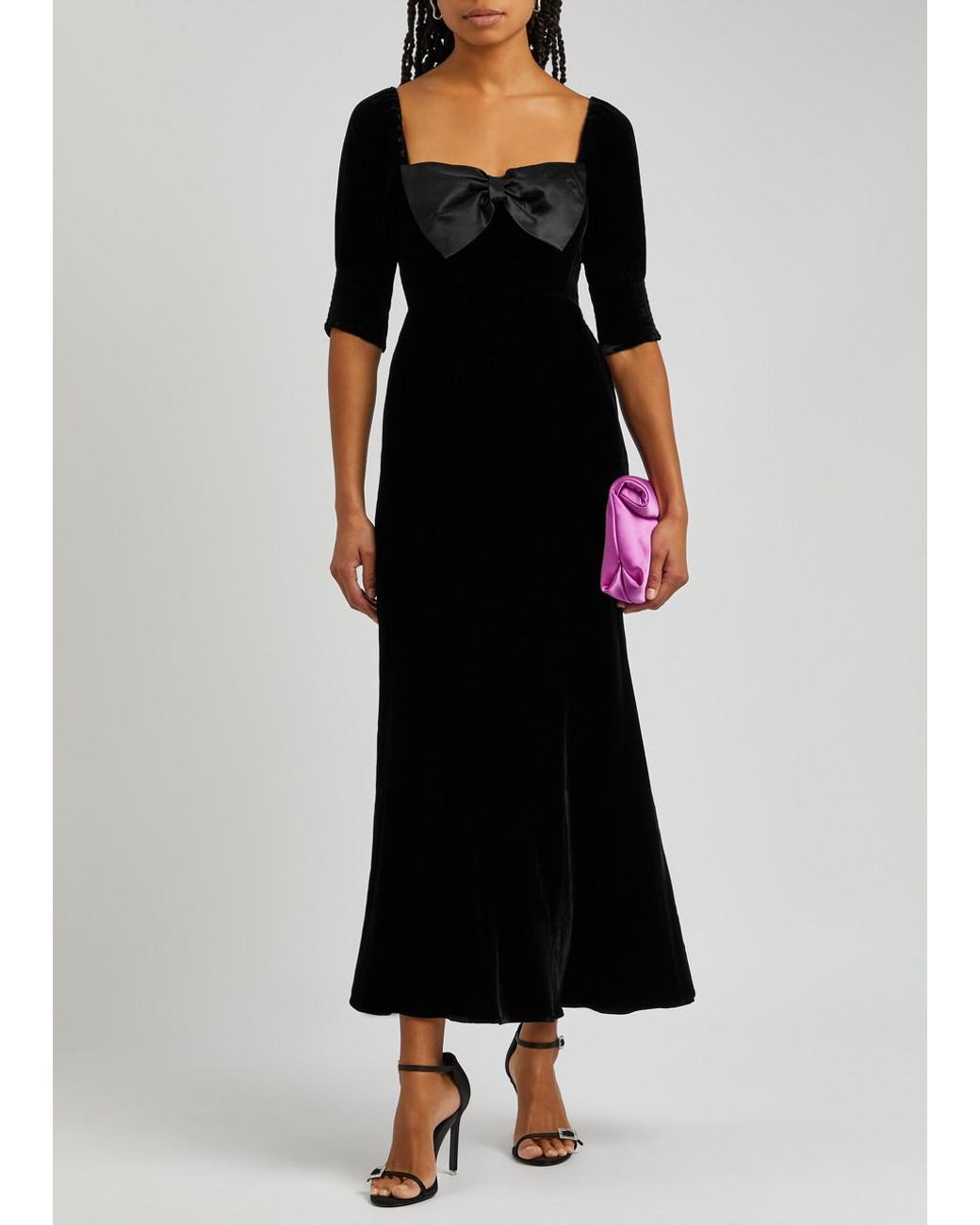 RIXO London Celia Bow-embellished Velvet Midi Dress in Black | Lyst