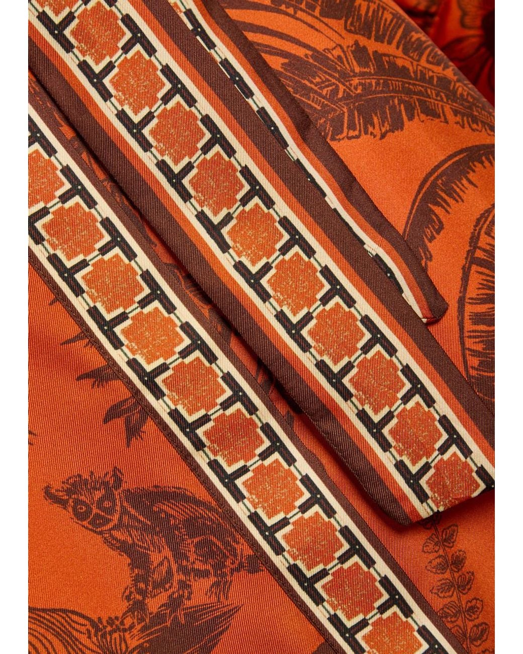 ALÉMAIS Orange Monkey Dance Printed Silk Midi Shirt Dress