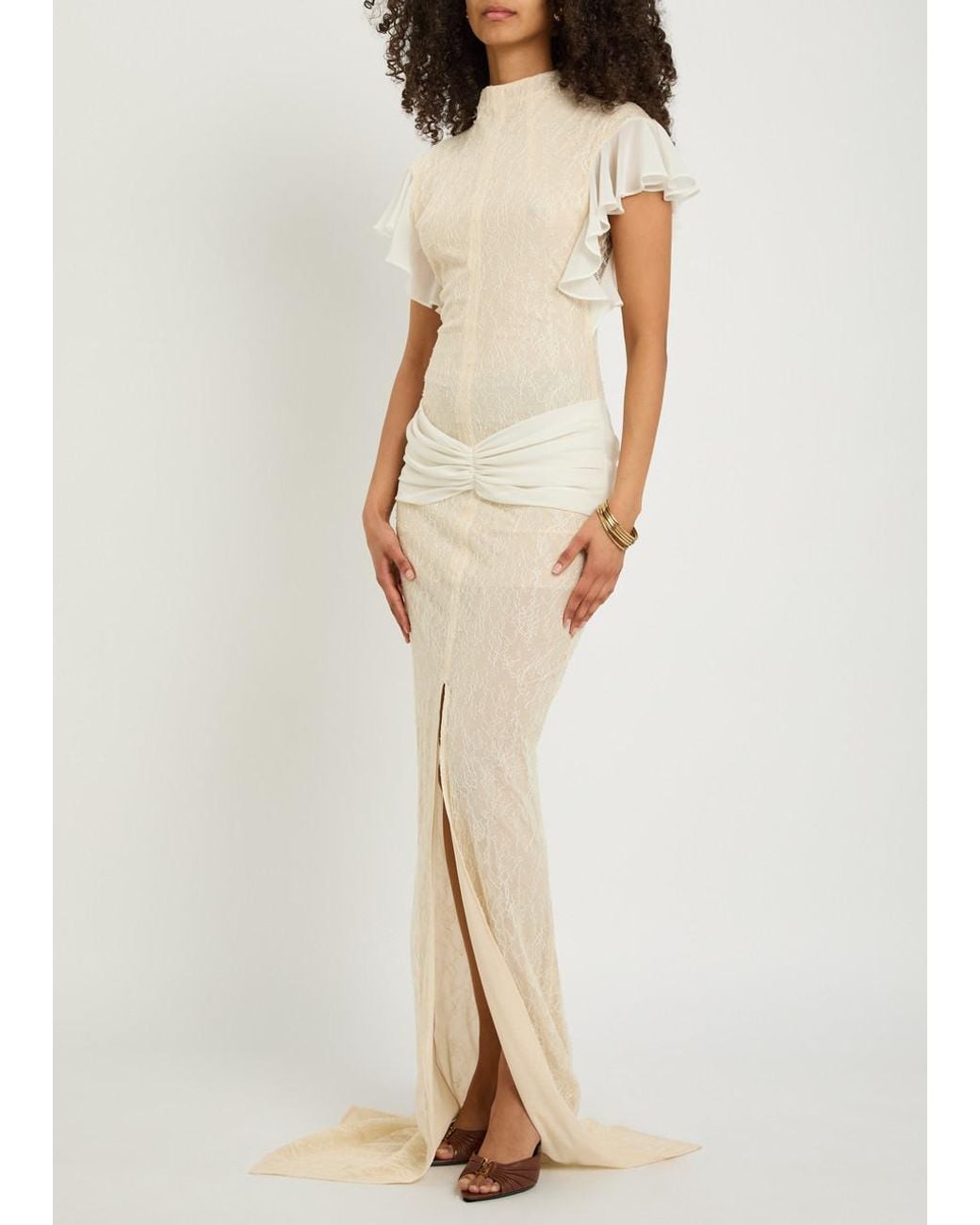 De La Vali Natural Noor Ruffled Lace Maxi Dress