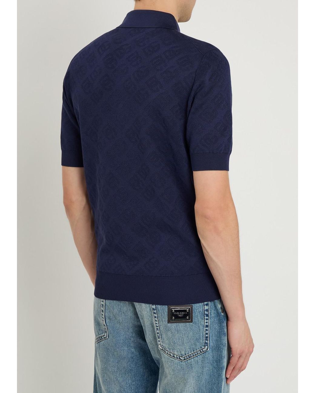 Dolce & Gabbana Blue Logo-Jacquard Silk Polo Shirt for men