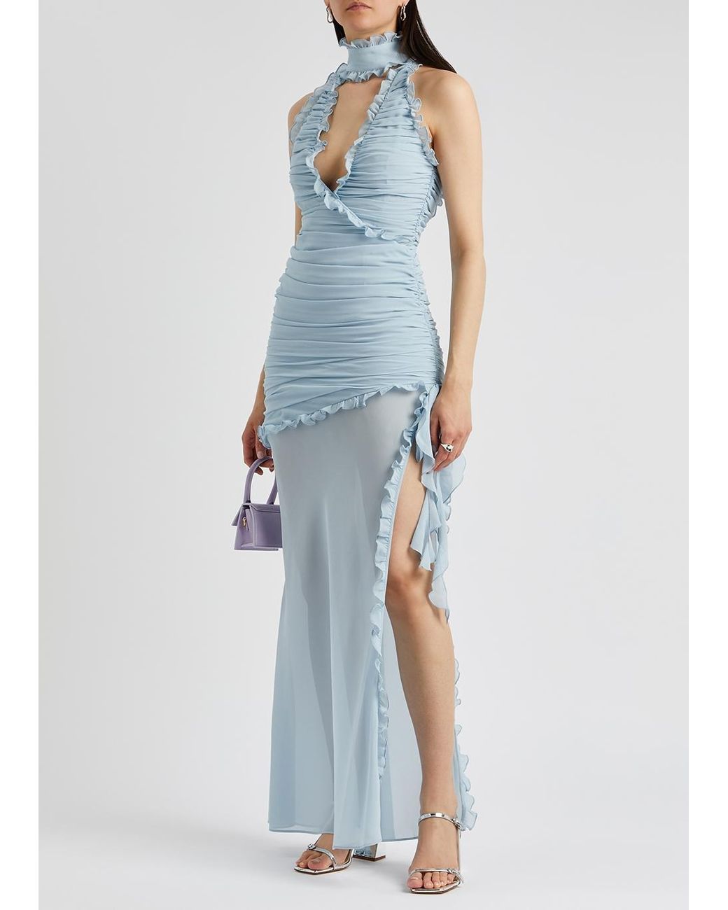de la vali lilith ruched chiffon maxi dress De La Vali Lilith Ruched Maxi Dress in Blue Chiffon Size 6