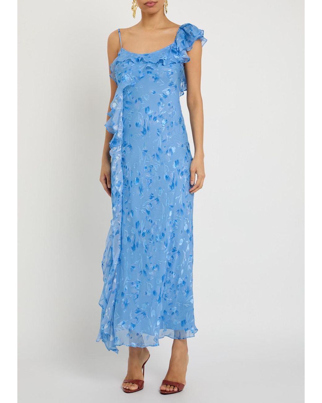 Rixo Blue Ester Devoré Silk-Blend Maxi Dress
