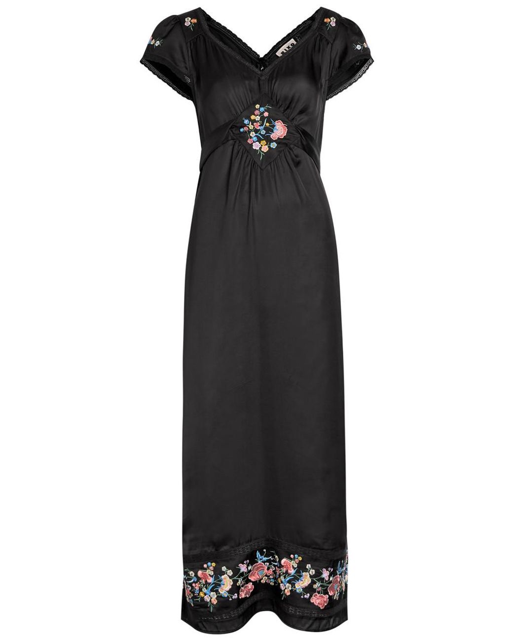 Rixo Black Carey Embroidered Satin Midi Dress