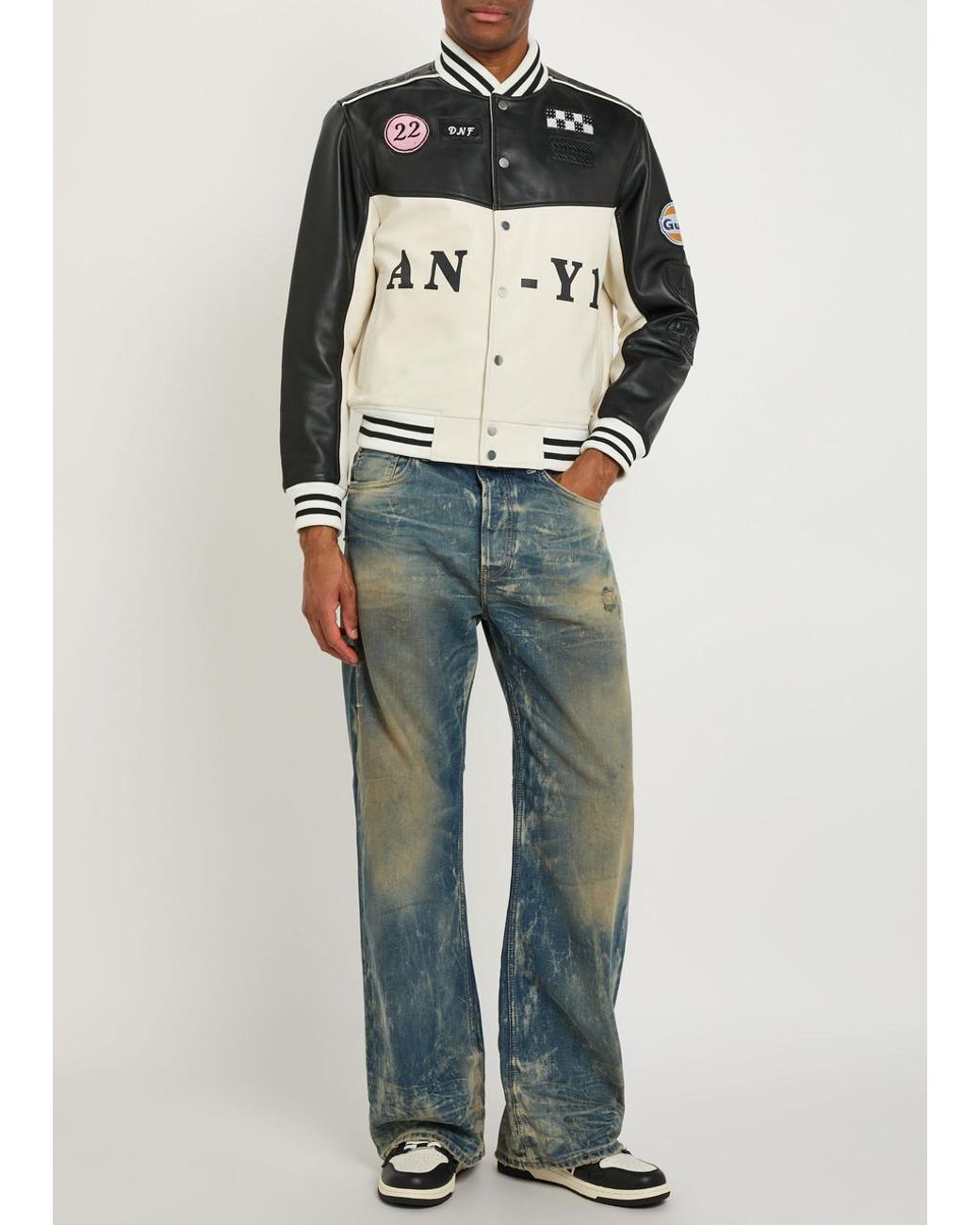 AN-Y1 Black Appliquéd Padded Leather Bomber Jacket for men