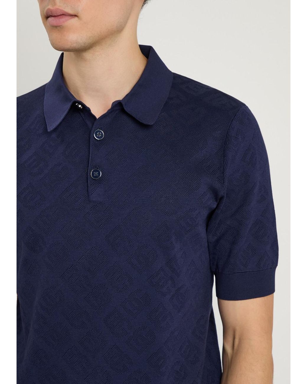 Dolce & Gabbana Blue Logo-Jacquard Silk Polo Shirt for men