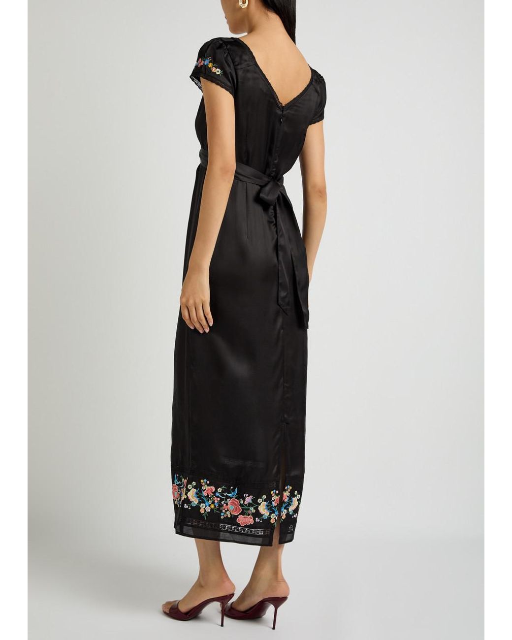 Rixo Black Carey Embroidered Satin Midi Dress