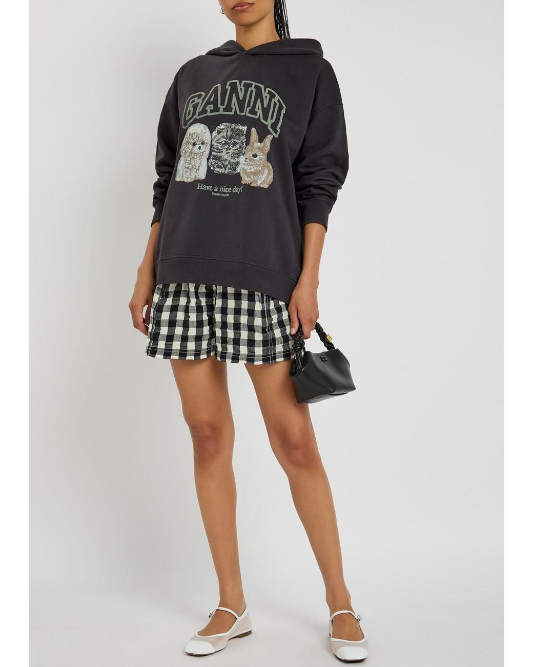 Ganni Black Printed Hooded Cotton Sweatshirt